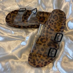 Leopard and clear slip on sandal.